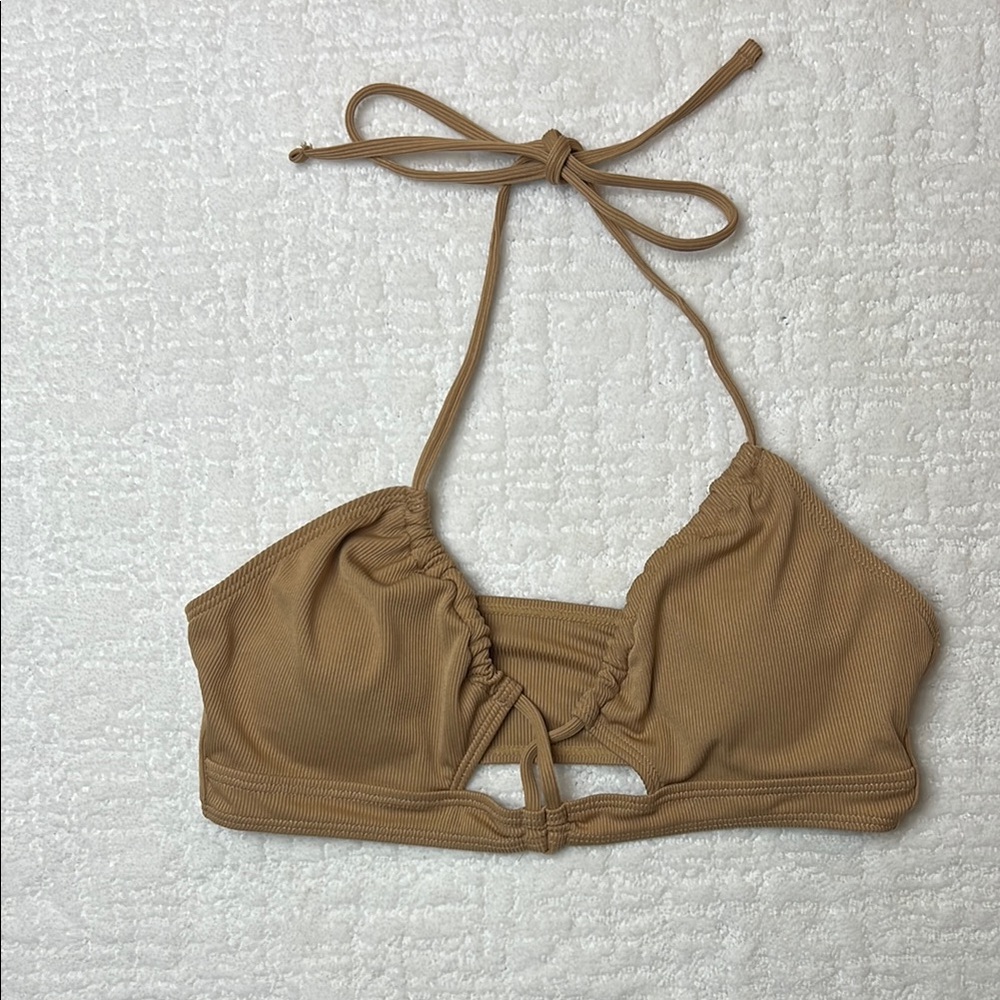Romwe Tan Ribbed Halter Bikini Top lightly padded tie neck M